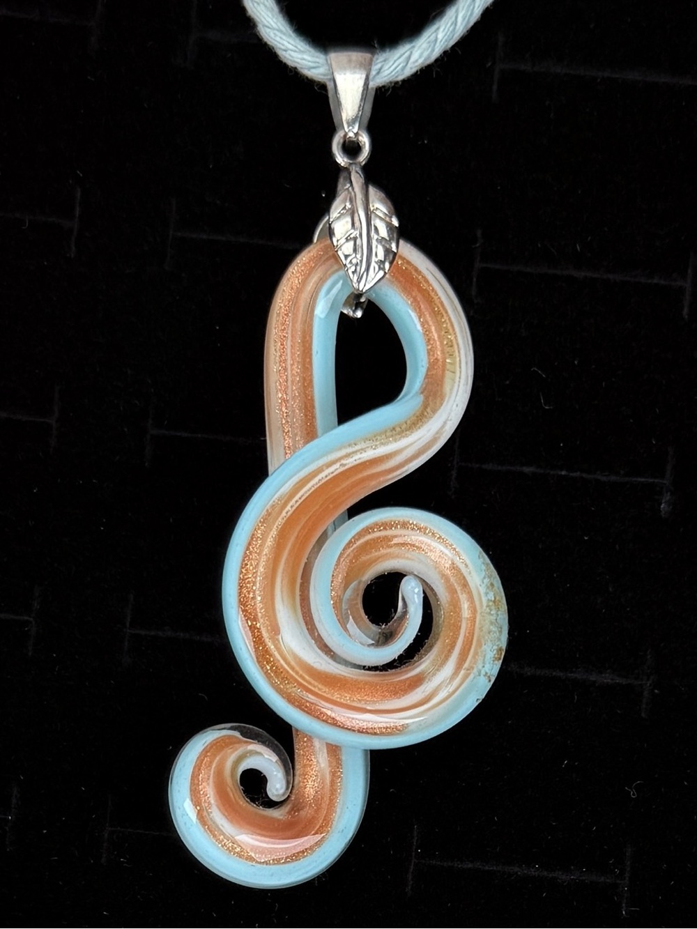 Handcrafted Blue and Copper Swirl Treble Clef Music Note Pendant Necklace